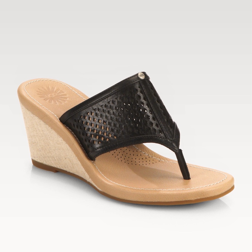 UGG Black Leather Perforated Wedge Thong Sandals